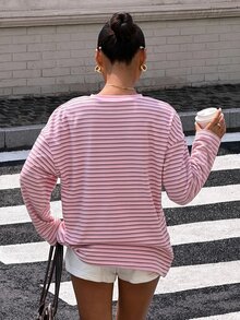 Muchica 休閒街頭風極簡粉色格紋多巴胺圖案圓領長袖寬鬆上衣，適合夏季、秋季與日常通勤，休閒極簡大尺碼女款T恤 春/秋 - 彩色 - 查看 2