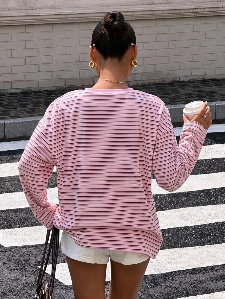 Muchica Casual Street Style Minimalist Pink Plaid Dopamine Pattern Round Neck Long Sleeve Loose Fit Top, Suitable For Summer, Autumn And Daily Commute, Casual Minimalist Plus Size Women's T-Shirt Spring/Autumn - Multicolor - View 2