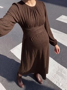 SHEIN Maternity Dress With Small Round Neck, Waist Knot, Cross A-Line Hem, Grey Woven Fabric Dress - Dark Grey - View 10