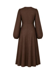 SHEIN Maternity Dress With Small Round Neck, Waist Knot, Cross A-Line Hem, Grey Woven Fabric Dress - Dark Grey - View 2
