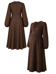 SHEIN Maternity Dress With Small Round Neck, Waist Knot, Cross A-Line Hem, Grey Woven Fabric Dress - Dark Grey - View 4