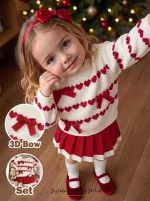 Cozy Pixies Baby Girl Heart Pattern Bow Front Sweater & Pleated Knit Autumn Winter Skirt - Red - View 1
