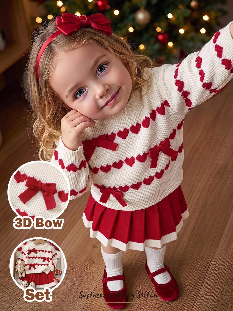 Cozy Pixies Baby Girl Heart Pattern Bow Front Sweater & Pleated Knit Autumn Winter Skirt - Red - View 1
