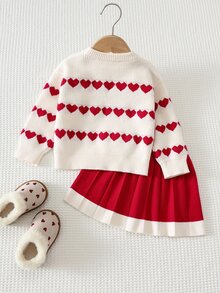 Cozy Pixies Baby Girl Heart Pattern Bow Front Sweater & Pleated Knit Autumn Winter Skirt - Red - View 2