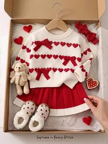 Cozy Pixies Baby Girl Heart Pattern Bow Front Sweater & Pleated Knit Autumn Winter Skirt - Red - View 10