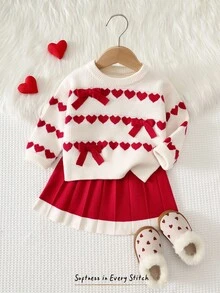 Cozy Pixies Baby Girl Heart Pattern Bow Front Sweater & Pleated Knit Autumn Winter Skirt - Red - View 7