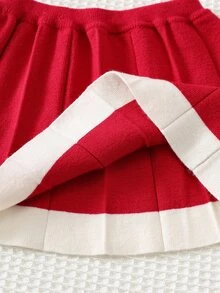 Cozy Pixies Baby Girl Heart Pattern Bow Front Sweater & Pleated Knit Autumn Winter Skirt - Red - View 6