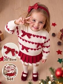 Cozy Pixies Baby Girl Heart Pattern Bow Front Sweater & Pleated Knit Autumn Winter Skirt - Red - View 9