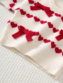 Cozy Pixies Baby Girl Heart Pattern Bow Front Sweater & Pleated Knit Autumn Winter Skirt - Red - View 3