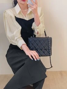 DAZY 女士翻领撞色泡泡袖衬衫裙，秋季长袖连衣裙 - 黑色 - 查看 6