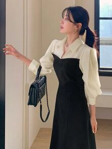 DAZY 女士翻领撞色泡泡袖衬衫裙，秋季长袖连衣裙 - 黑色 - 查看 4