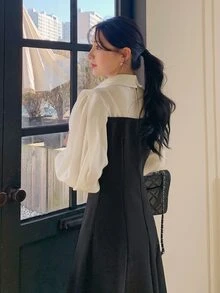 DAZY 女士翻领撞色泡泡袖衬衫裙，秋季长袖连衣裙 - 黑色 - 查看 8
