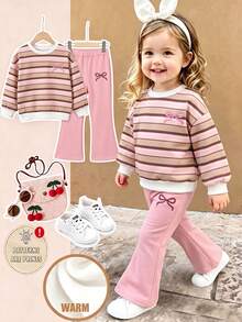 Baby Girl Sweatshirt Set Striped Top + Pink Pants, Contrast Ribbed Casual Sweatshirt Fabric. Light Pink Flared Sweatpants - Multicolor - View 1