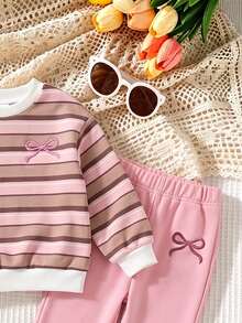 Baby Girl Sweatshirt Set Striped Top + Pink Pants, Contrast Ribbed Casual Sweatshirt Fabric. Light Pink Flared Sweatpants - Multicolor - View 5