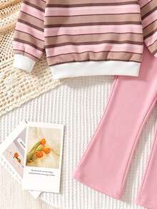 Baby Girl Sweatshirt Set Striped Top + Pink Pants, Contrast Ribbed Casual Sweatshirt Fabric. Light Pink Flared Sweatpants - Multicolor - View 4