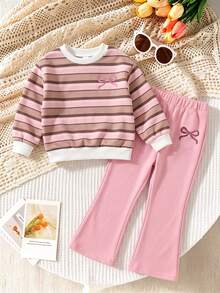 Baby Girl Sweatshirt Set Striped Top + Pink Pants, Contrast Ribbed Casual Sweatshirt Fabric. Light Pink Flared Sweatpants - Multicolor - View 3