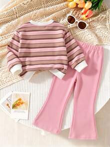 Baby Girl Sweatshirt Set Striped Top + Pink Pants, Contrast Ribbed Casual Sweatshirt Fabric. Light Pink Flared Sweatpants - Multicolor - View 2