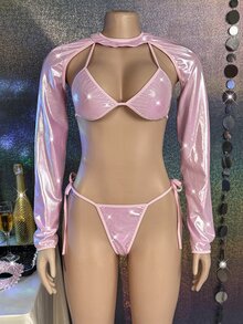 MidnightGlam Bộ nội y gợi cảm 3 món tay dài vân kim loại cho nữ - Hồng - Xem 6
