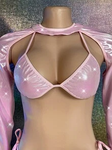 MidnightGlam Bộ nội y gợi cảm 3 món tay dài vân kim loại cho nữ - Hồng - Xem 7