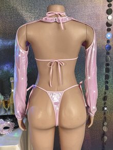 MidnightGlam Bộ nội y gợi cảm 3 món tay dài vân kim loại cho nữ - Hồng - Xem 2