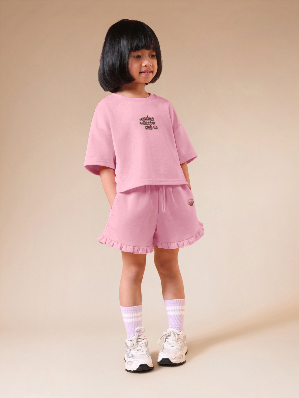 Girls Pink Seashell Collector T-Shirt And Ruffle Hem Shorts Co-Ord Set Summer Casual Two Piece Outfit