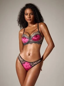 DreamPoppy 1 Sets Of 2-Piece Women's Black And Burgundy Velvet Embroidered Lace Hem Underwear Set, Adjustable Shoulder Strap - Burgundy - View 8