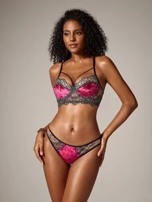 DreamPoppy 1 Sets Of 2-Piece Women's Black And Burgundy Velvet Embroidered Lace Hem Underwear Set, Adjustable Shoulder Strap - Burgundy - View 3