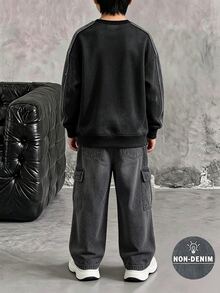 2件組青少年男孩時尚極簡舒適圓領衛衣與寬腿工裝褲套裝，酷炫紮染滿版印花設計，英文圖案印花，適合假期派對、休閒聚會，男孩春/秋/冬首選，街頭風休閒穿搭，開學季 - 黑色 - 查看 2