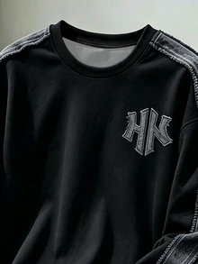 2件組青少年男孩時尚極簡舒適圓領衛衣與寬腿工裝褲套裝，酷炫紮染滿版印花設計，英文圖案印花，適合假期派對、休閒聚會，男孩春/秋/冬首選，街頭風休閒穿搭，開學季 - 黑色 - 查看 4