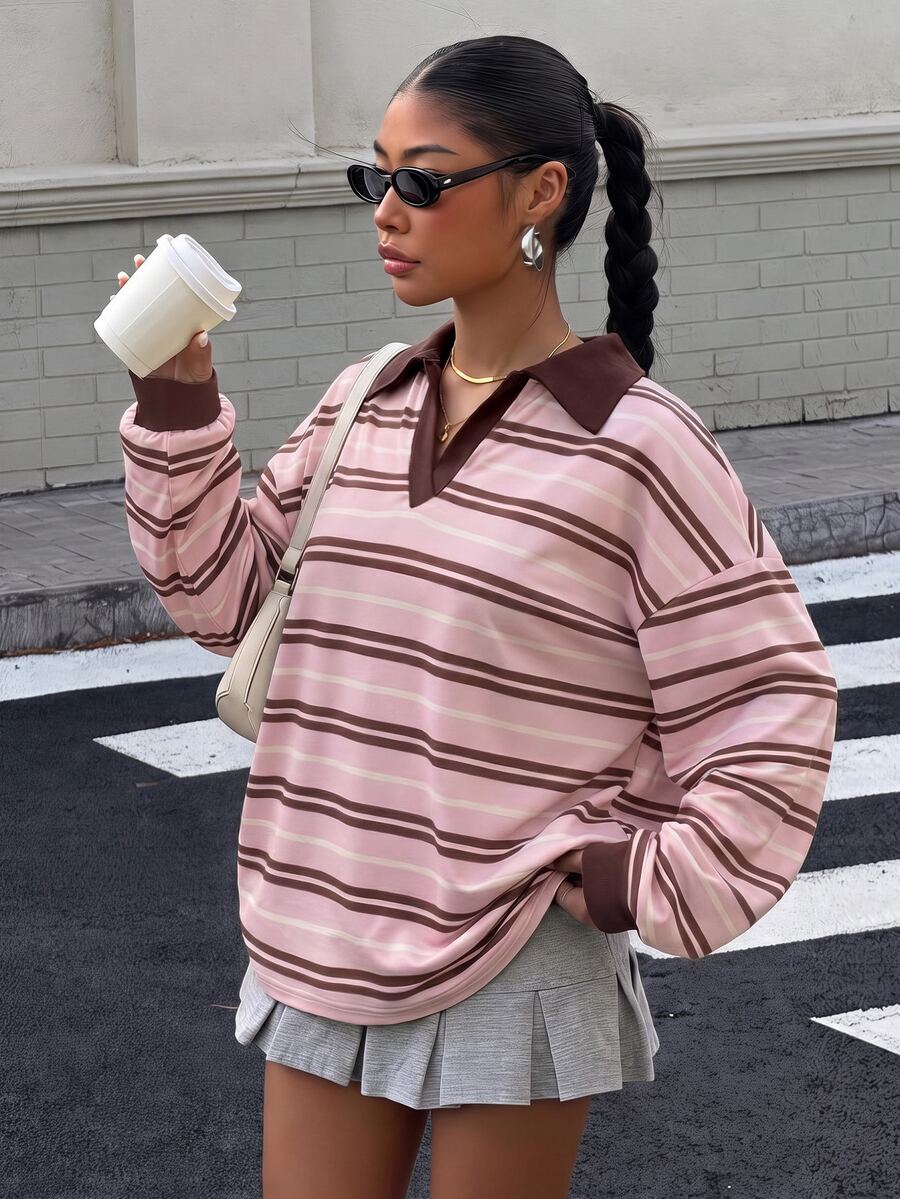 Muchica Striped Plus Size Women's Drop Shoulder Long Sleeve Casual Turn Collar Sweatshirt - Multicolor - View 1