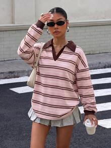 Muchica Striped Plus Size Women's Drop Shoulder Long Sleeve Casual Turn Collar Sweatshirt - Multicolor - View 6