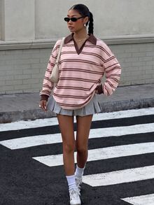 Muchica Striped Plus Size Women's Drop Shoulder Long Sleeve Casual Turn Collar Sweatshirt - Multicolor - View 3