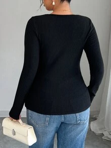 Elenzga Atasan Rajut Lengan Panjang Ukuran Plus Wanita Musim Semi/Gugur, Motif Blok Warna Hitam & Putih, Leher Persegi Bentuk Hati, Pinggang Ramping, Hem Ekor Ikan yang Melangsingkan, Potongan Slim Fit Bergaris, Gaya Seksi, Lapisan Dasar untuk Perjalanan Sehari-hari - MultiWarna - View 5