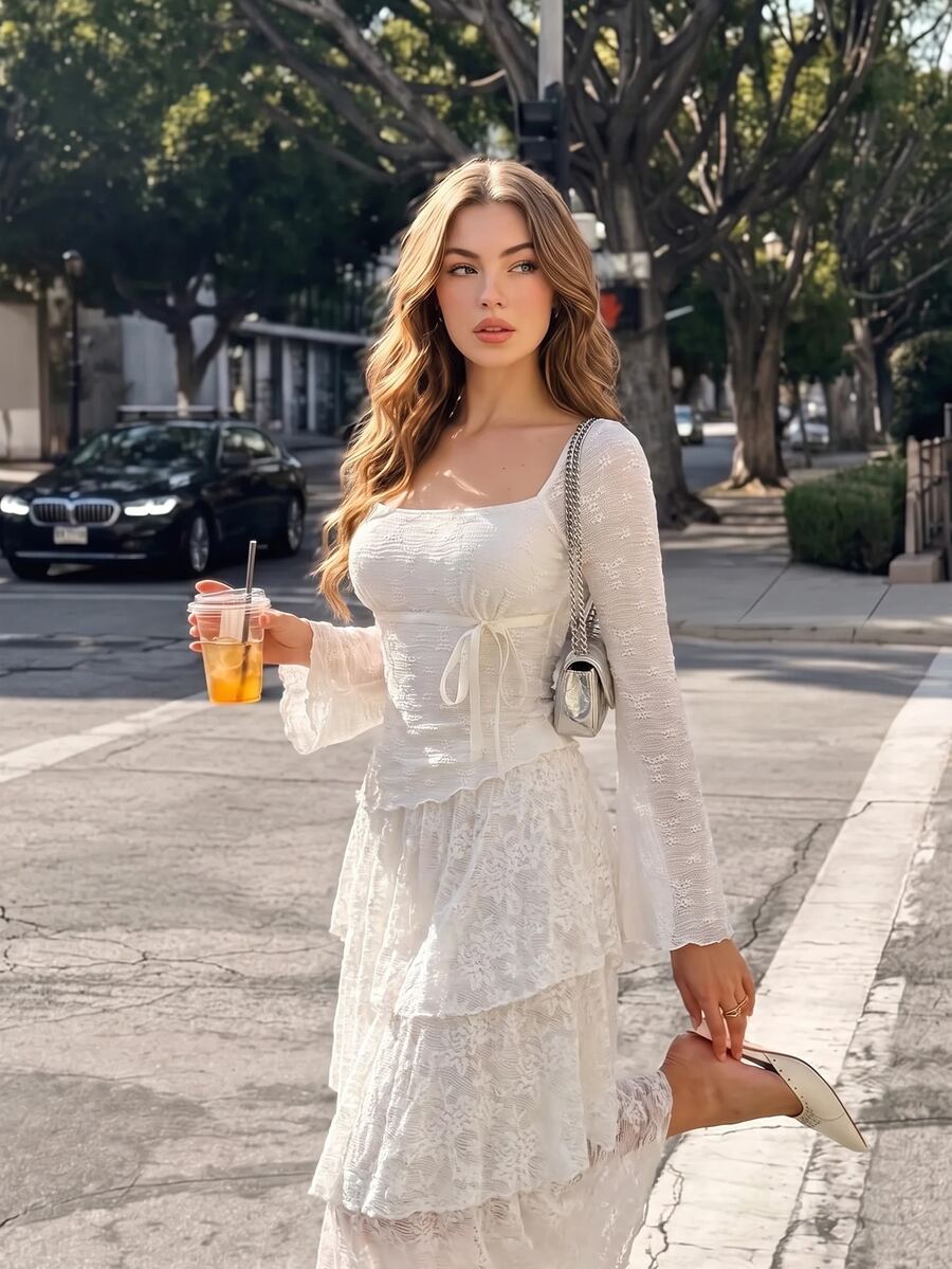 SHEIN MOD 女款優雅法式浪漫純色不對稱下擺T恤,秋季穿搭,休閒上衣,可愛上衣,節慶穿搭,早午餐白色 - 白色 - 查看 1