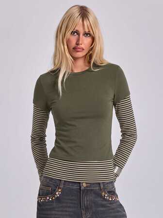 Y2K Casual Classic Solid Color Patchwork Striped Women's 2 In 1 Slim Fit Long Sleeve T-Shirt, All-Season Versatile