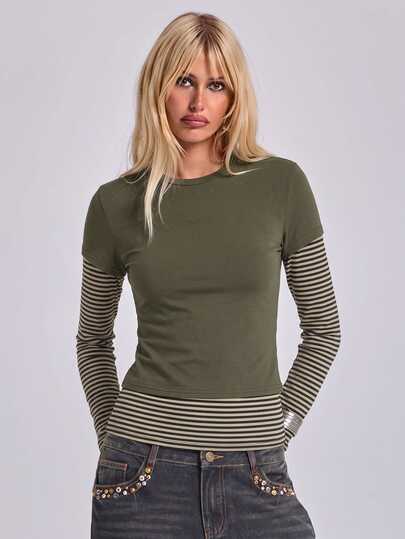 T-shirt 2 en 1 slim fit à manches longues pour femme, style Y2K décontracté classique, couleur unie avec patchwork rayé, polyvalent pour toutes les saisons