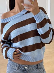 Teen Girl Blue Dual-Color Round Neck Long Sleeve Sweater Sixth Form Prom Autumn Streetwear Cute,Halloween,Autumn,Y2k,Vacation/Vintage/Christmas - Multicolor - View 4