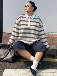 Dazy Plus Loose Street Style Colorblock Striped Polo Collar Long Sleeve Plus Size Women's T-Shirt, Autumn School Plus Size Tshirts For Women - White - View 2