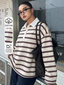 Dazy Plus Loose Street Style Colorblock Striped Polo Collar Long Sleeve Plus Size Women's T-Shirt, Autumn School Plus Size Tshirts For Women - White - View 1