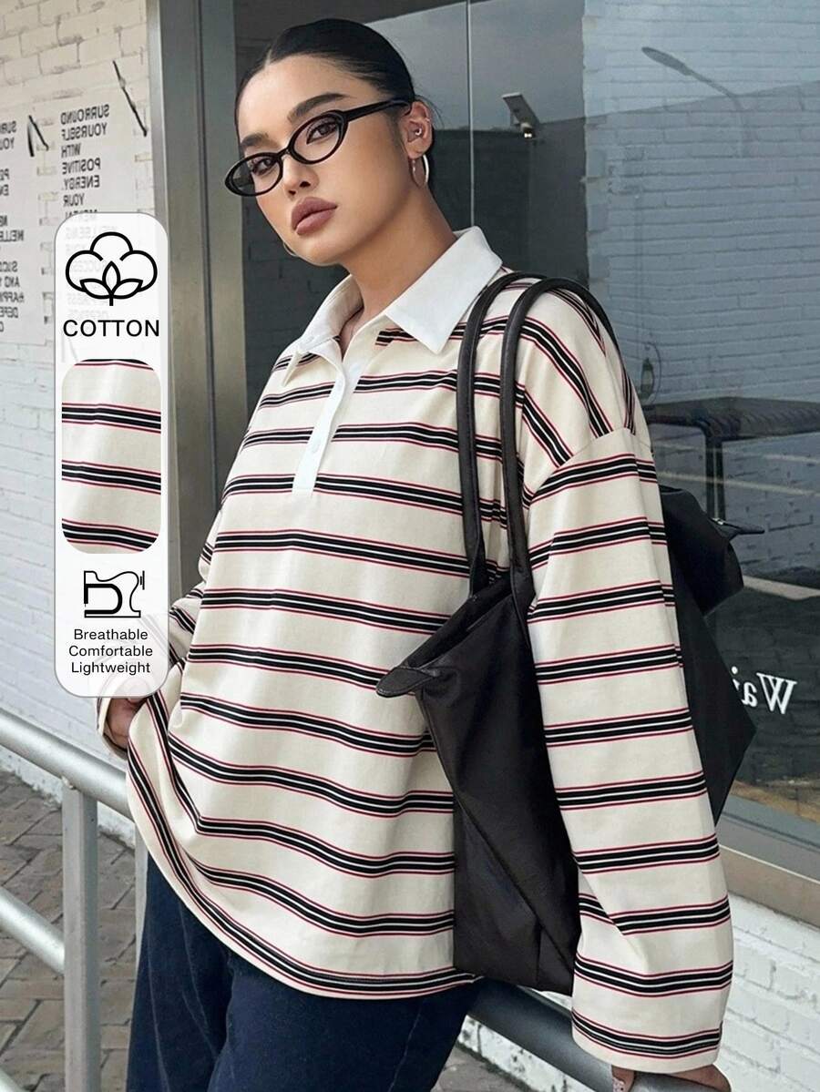 Dazy Plus Loose Street Style Colorblock Striped Polo Collar Long Sleeve Plus Size Women's T-Shirt, Autumn School Plus Size Tshirts For Women - White - View 1