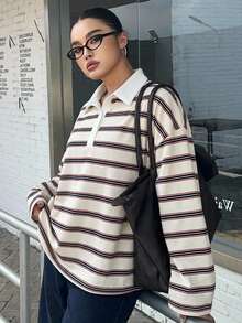 Dazy Plus Loose Street Style Colorblock Striped Polo Collar Long Sleeve Plus Size Women's T-Shirt, Autumn School Plus Size Tshirts For Women - White - View 7