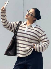Dazy Plus Loose Street Style Colorblock Striped Polo Collar Long Sleeve Plus Size Women's T-Shirt, Autumn School Plus Size Tshirts For Women - White - View 6