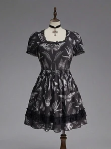 ROMWE Dark Gothic Witch Lace Patchwork Doll Print Women's Short Plus Size Dress - Black - View 2