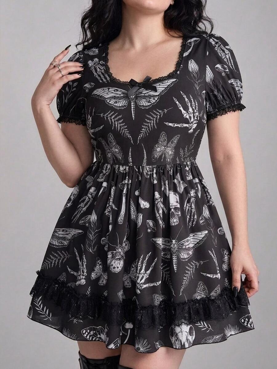 ROMWE Dark Gothic Witch Lace Patchwork Doll Print Women's Short Plus Size Dress - Black - View 1