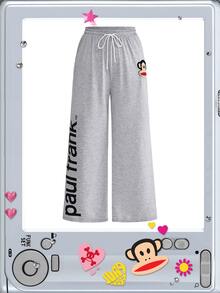 Paul Frank X ROMWE بنطلون رياضي كاجوال متعدد الاستخدامات يومي للنساء بمقاس كبير مع خصر برباط وطبعة كرتونية بحروف - رمادي - مشاهدة 2