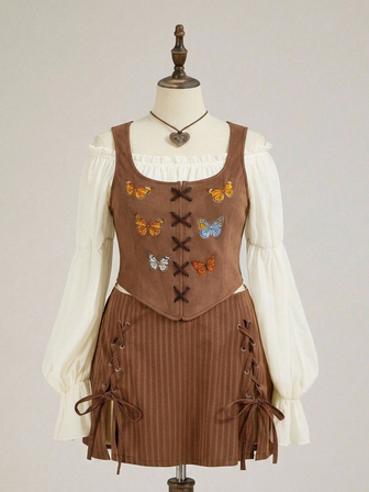 Top  style western nomade hippie vintage avec broderie papillon, vêtement d'extérieur pour le début de l'automne
