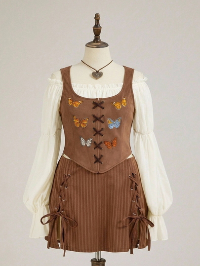 Vintage Hippie Butterfly Embroidered Western Nomad Early Autumn Outerwear Suede Top