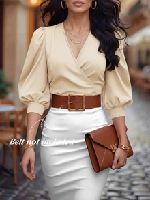EMERY ROSE V-Neck Criss-Cross Puff Sleeve Fitted Cropped Women Shirt - Apricot - View 1