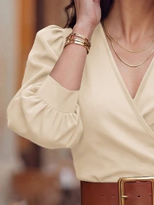 EMERY ROSE V-Neck Criss-Cross Puff Sleeve Fitted Cropped Women Shirt - Apricot - View 5
