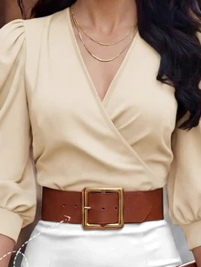 EMERY ROSE V-Neck Criss-Cross Puff Sleeve Fitted Cropped Women Shirt - Apricot - View 6